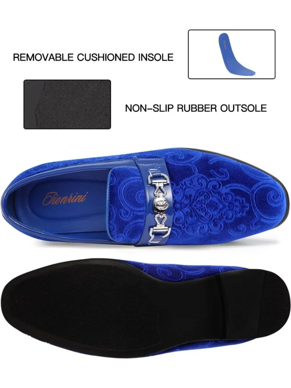 Men's Royal Blue Luxury Paisley Velvet Gold Buckle Loafers Slip On Dress Shoes